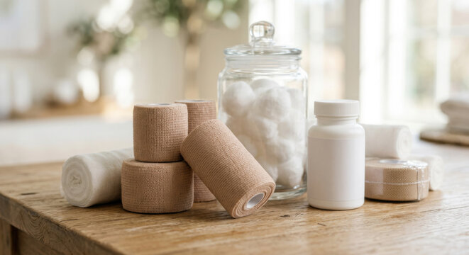Medical bandages gauze and cotton balls in jar on wooden table