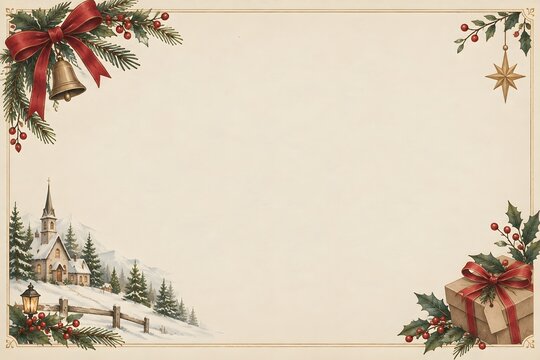 Vintage Christmas card with bells, holly, and decorative border