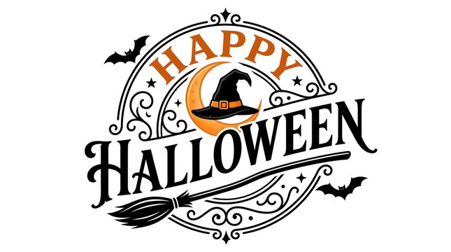 Happy halloween vintage badge design with witch hat, broom, crescent moon, and bats isolated on white background
