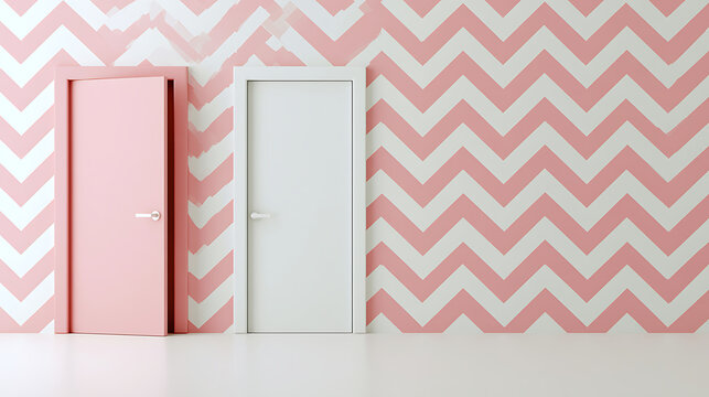 Pink and white doors stand against a zigzag patterned wall in a minimalist setting