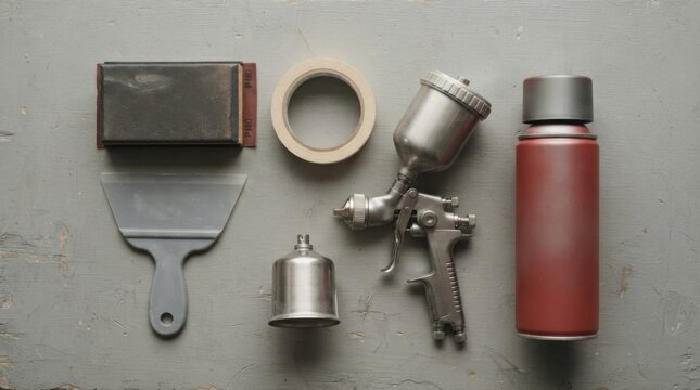 Auto body repair tools arranged neatly including sanding block, filler spreader, masking tape and spray gun