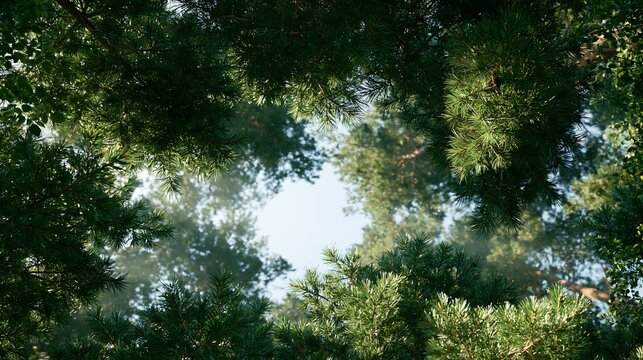 Lush pine tree canopy looking up at bright sky with soft morning light