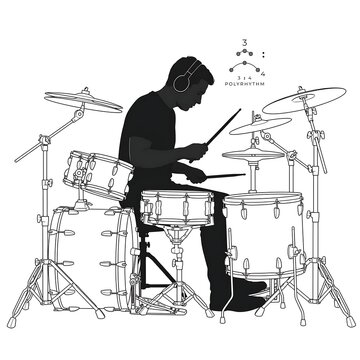Drummer playing kit on white background.