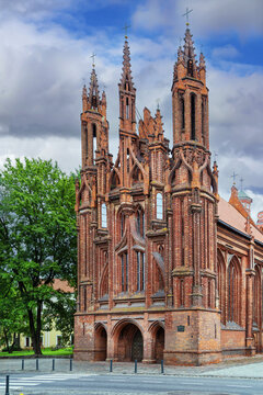 Church of St. Anne facade in Vilnius, Lithuania, close up view. Intricate red brick gothic architecture details design