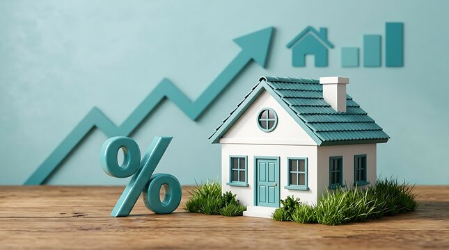 Percentage symbol and house with increasing growth chart signifies rising property values and interest rates in real estate market concept.
