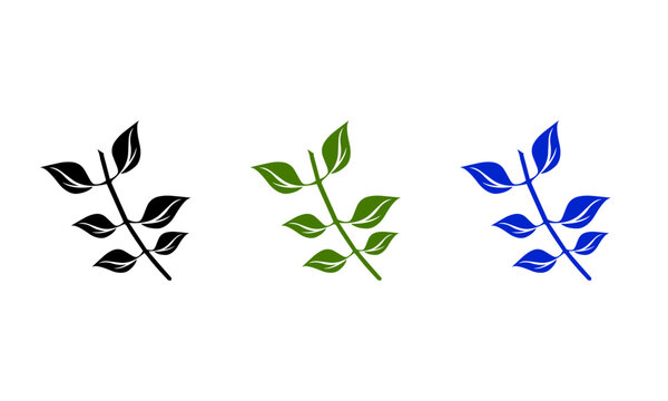 Minimalist leaf branch vector set, botanical foliage icons in black green and blue, elegant organic plant sprig illustrations for logo design