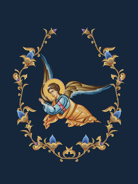 Angel. Decorative floral illustration in Byzantine style