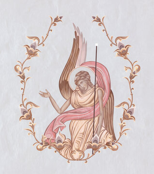 An angel. Christian illustration in Byzantine style in floral frame