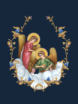 Decorative vintage floral illustration with angels in clouds in Byzantine style