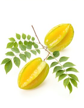 Fresh star fruit or carambola with leaves on a branch isolated on white background