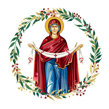 Intercession of the Theotokos. Decorative vintage floral wreath, illustration in Byzantine style isolated