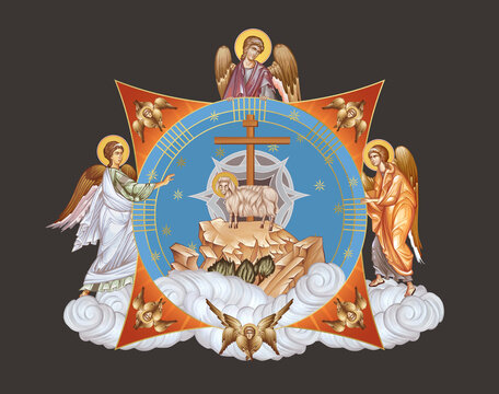 Behold the Lamb of God who takes away the sin of the world. Agnus Dei. Illustration in Byzantine style with angels and seraphim