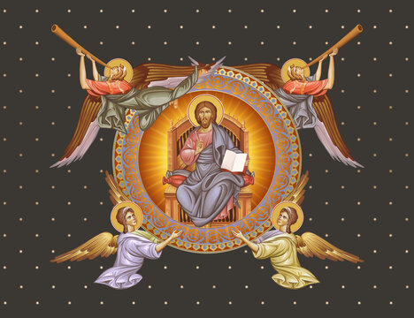 Jesus Christ the greatest Bishop sitting on throne. Decorative vintage illustration with angels in Byzantine style