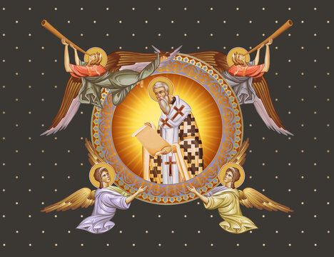 James, brother of Jesus. Decorative vintage illustration with angels in Byzantine style