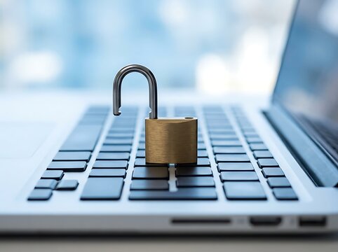 Unlocked padlock on laptop keyboard symbolizing access granted for data and online privacy or successful cybersecurity breach resolution.