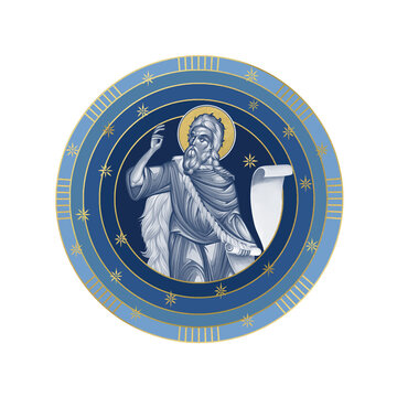 The Prophet Saint Elijah. Starry sky round illustration in Byzantine style isolated