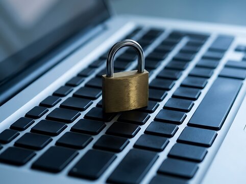 Padlock on laptop keyboard represents digital security and data protection, concept of cybersecurity and privacy.