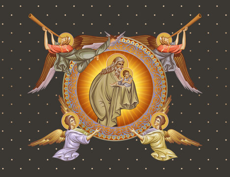 Simeon the God- receiver. Decorative vintage illustration with angels in Byzantine style