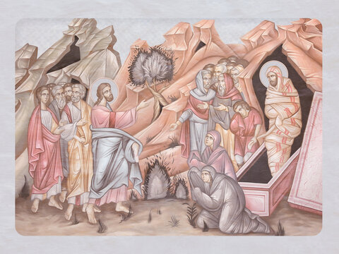 The Raising of Lazarus. Christian illustration in Byzantine style in pastel colors