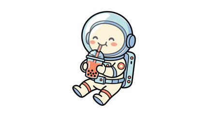 Fototapeta premium Cute little astronaut character drinking bubble tea as a flat vector illustration with soft pastel colors on white background isolation