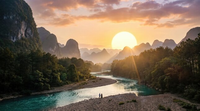 Tiny silhouette couple stands beside quiet turquoise river in Libo karst landscape under golden sunset mountains dense forests peach amber violet sky cinematic photorealistic nature

