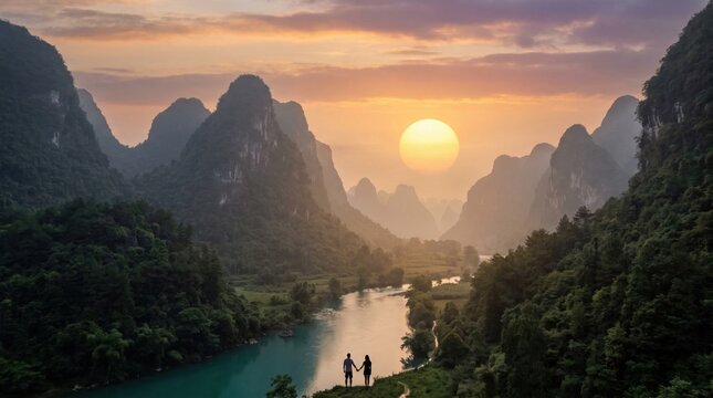 Tiny silhouette couple stands beside quiet turquoise river in Libo karst landscape under golden sunset mountains dense forests peach amber violet sky cinematic photorealistic nature

