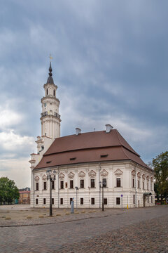 Town Hall in Kaunas, Lithuania, historic side view profile. Elegant baroque and classicist architecture under daytime sky