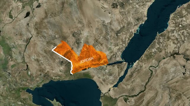 Jordan map highlighted with vibrant orange color in smooth animated satellite view motion video graphic clip