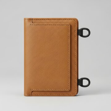Brown leather wallet with black strap lying flat