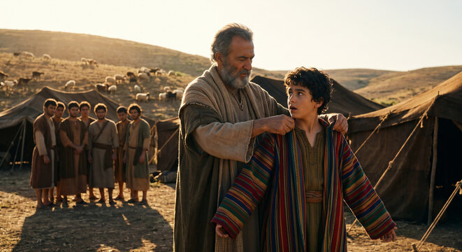 Jacob presenting Joseph with the coat of many colors, Genesis 37 Old Testament biblical scene, favorite son, religious illustration