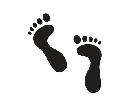 Black footprint icon set with two human foot silhouettes and individual toes on white background. Minimal walking symbol creates a clean vector design for fitness, travel, healthcare and signage.