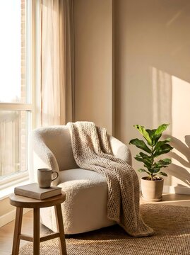 cozy minimalist reading corner with warm natural light