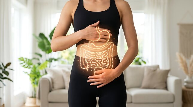 Young woman in black sportswear touching her belly with illuminated digital digestive tract showing gastric pain or digestive wellness concept in bright living room.