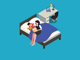 Obraz premium Mother Reading Bedtime Story to Child 3d isometric vector illustration