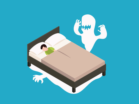 Monster Under Bed, Nightmare, and Sleep Paralysis 3d isometric vector illustration
