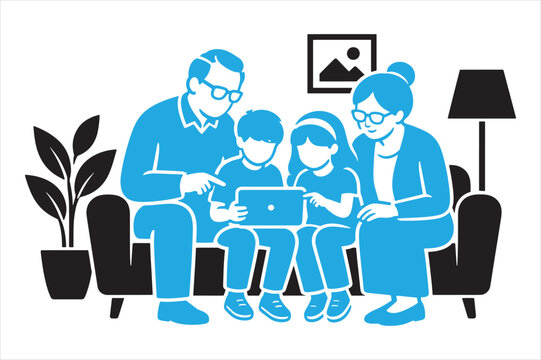 Family sitting on a sofa looking at a tablet in a flat vector illustration