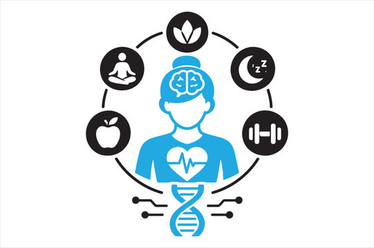 Healthy lifestyle icons surrounding a person showing physical and mental
