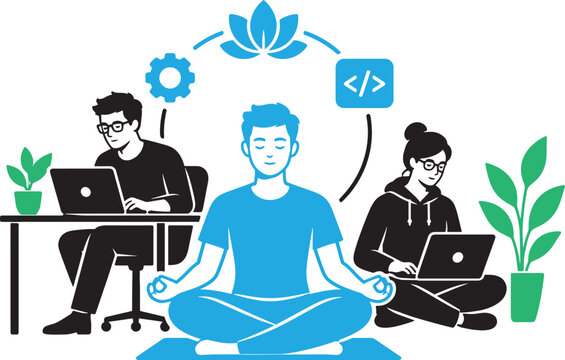 People working on laptops and practicing meditation to balance work and life