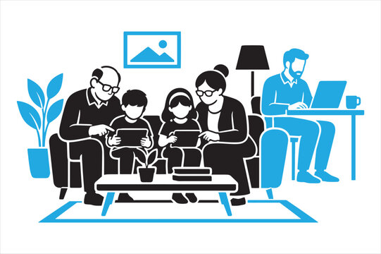 Multi-generational family using digital technology together in a living room