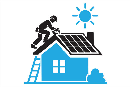 Professional technician installing solar panels on residential house roof