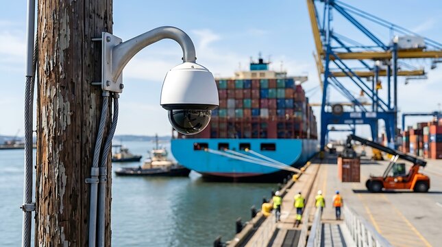 Security camera monitoring maritime port operations with large container ship and cargo cranes in background under blue sky.