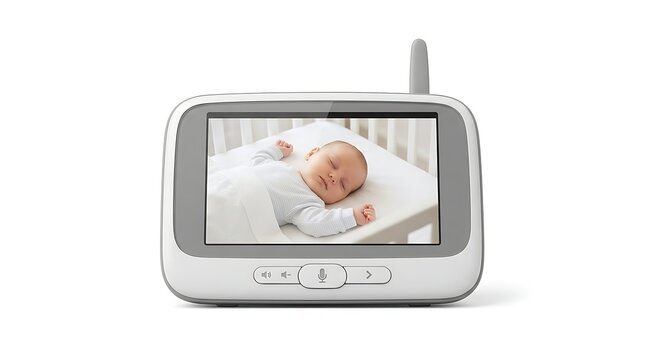 Baby monitor showing sleeping newborn on bed