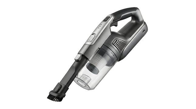 Handheld vacuum cleaner in use with brush attachment