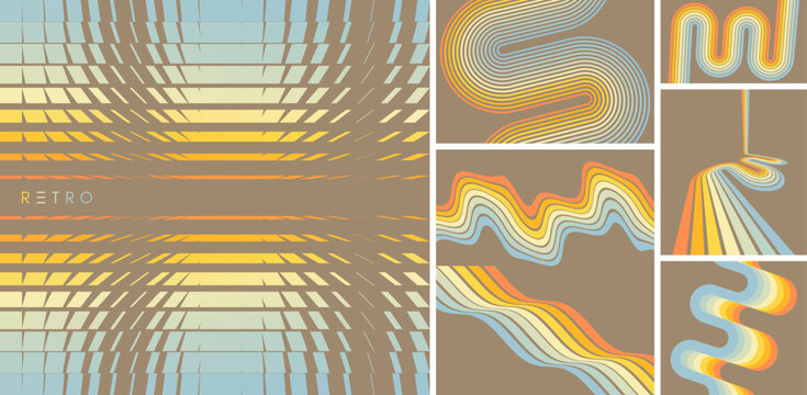 An image featuring numerous rectangular and square shapes with transition effects. A 1970s retro-style background. Abstract curved ribbons. A winding road. Wavy lines in perspective. Vector for design