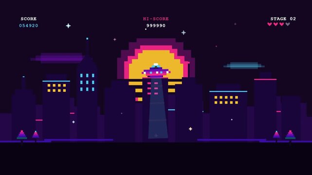 Retro pixel art video game scene featuring a spaceship hovering over a