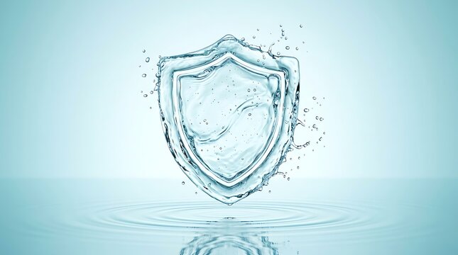 Water splash in form of protective shield floats above calm aqua surface with circular ripples representing gentle moisturizing skincare defense concept.