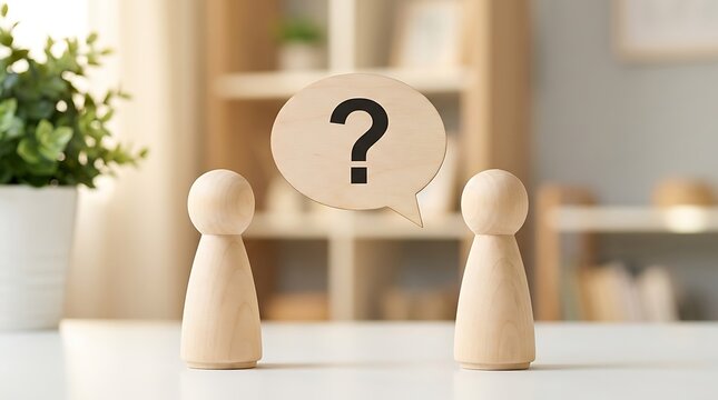 Pair of wooden figures with question mark speech bubble representing family counseling or human resource interview in bright contemporary home office environment.