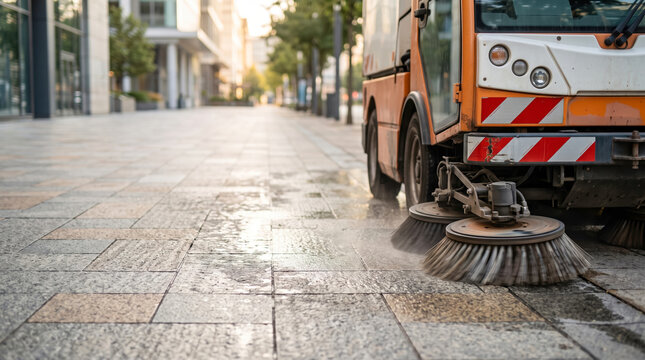 Small machine equipped with circular brushes performs maintenance on stone tiles to keep the urban pedestrian pathway clean and tidy for commuters