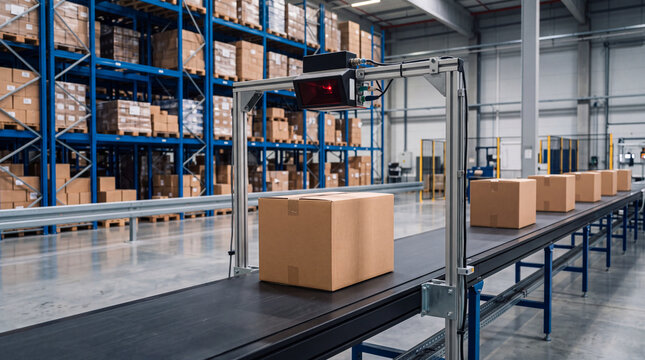 Laser scanning cardboard box on conveyor belt. Automated warehouse freight sorting system.