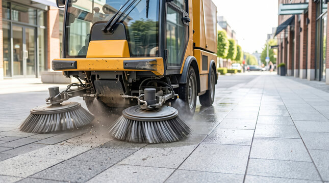 A small yellow machine uses rotating brushes to clear debris and dust from city sidewalks, ensuring a clean environment for pedestrians during the day